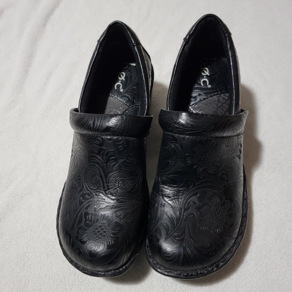 BOC Black Embossed Leather Clogs
